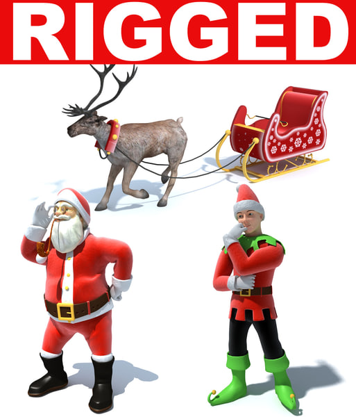 Santa Claus Elf Nicholas Xmas Christmas holiday New Year reindeer sleigh elk deer hoofed Character rigged rig animate animation 3d model max