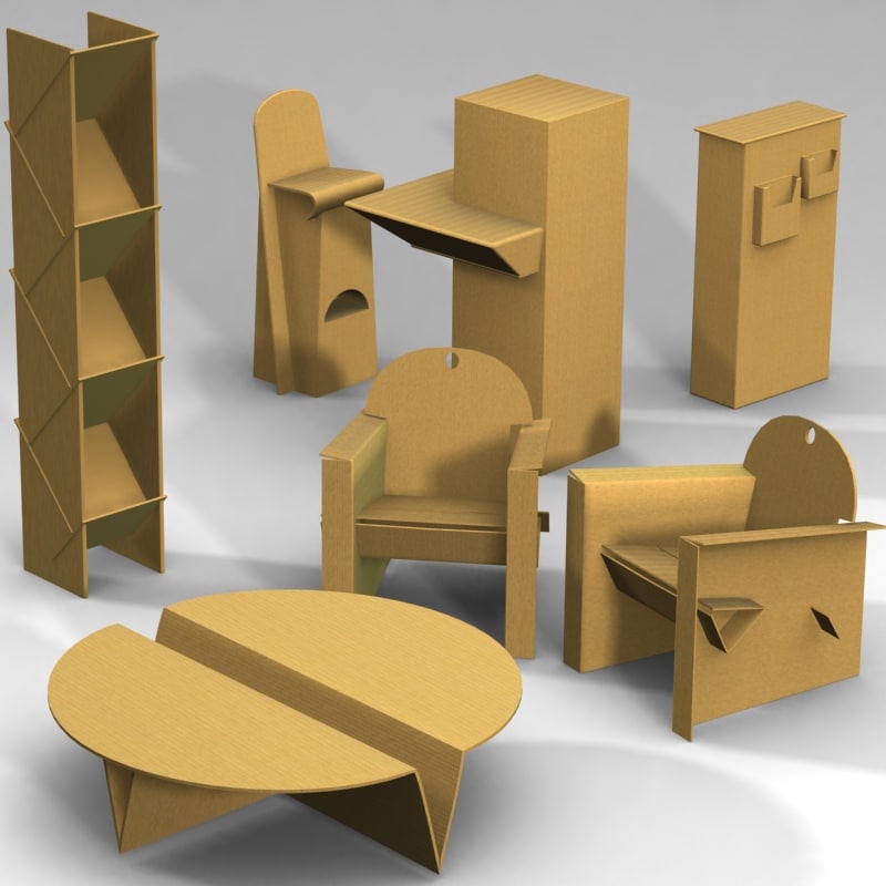 cardboard furnitures set armchair table 3d model